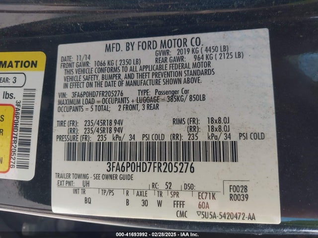 3FA6P0HD7FR205276 Ford FUSION SE