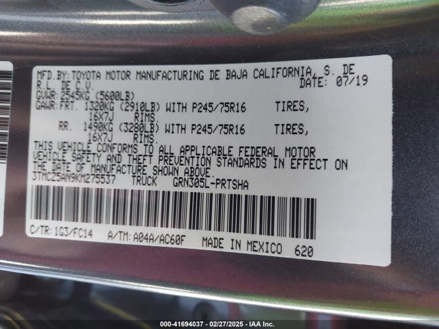 3TMCZ5AN9KM275537 Toyota Tacoma Sr5 V6