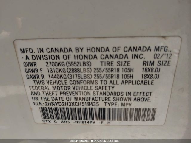 2012 ACURA MDX 2HNYD2H3XCH518435 Photo 8