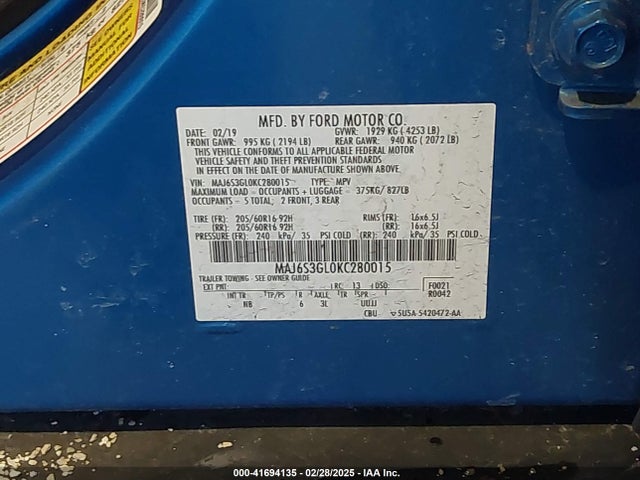 MAJ6S3GL0KC280015 Ford Ecosport Se