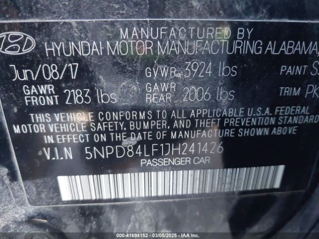5NPD84LF1JH241426 Hyundai ELANTRA SEL