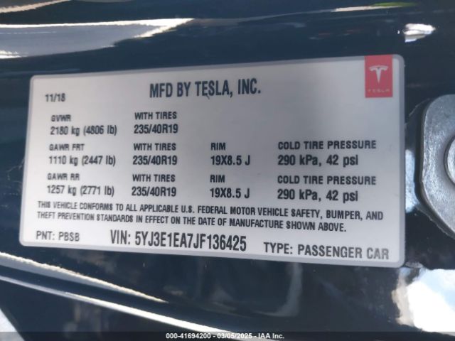 5YJ3E1EA7JF136425 Tesla Model 3 Long Range/mid Range