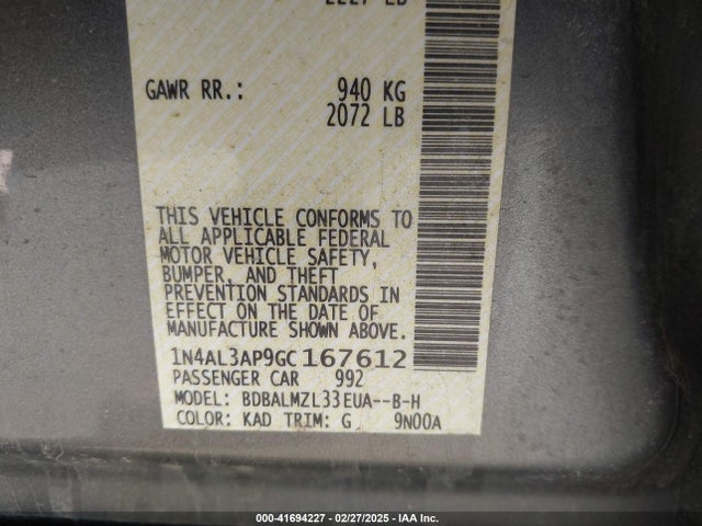 1N4AL3AP9GC167612 Nissan Altima 2.5 Sv