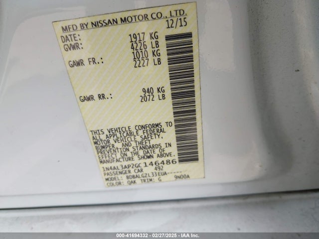 1N4AL3AP2GC146486 Nissan Altima 2.5 S