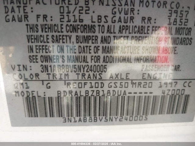 3N1AB8BV5NY240005 Nissan Sentra S Xtronic Cvt