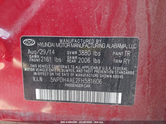 5NPDH4AE2FH581606 Hyundai ELANTRA SE