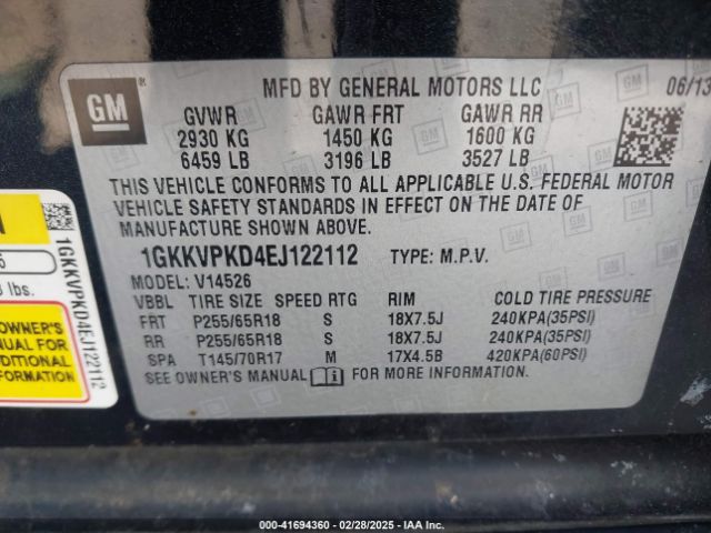 1GKKVPKD4EJ122112 GMC Acadia Sle-2