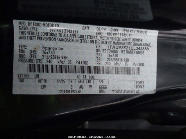 1FADP3F21EL344388 Ford FOCUS SE