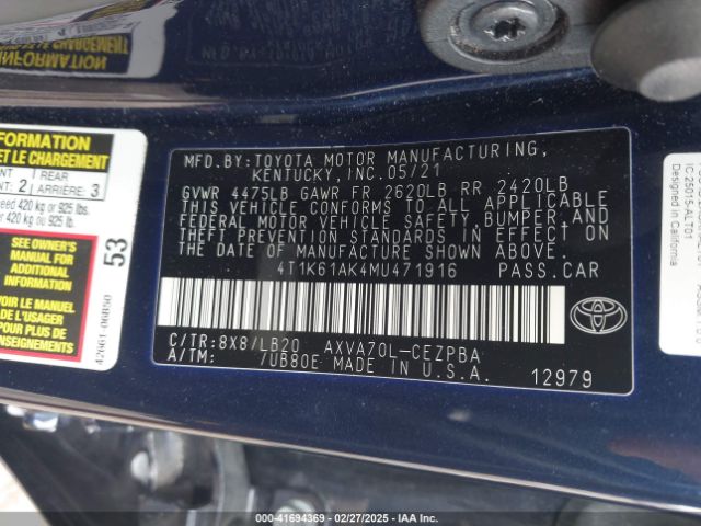 4T1K61AK4MU471916 Toyota CAMRY XSE