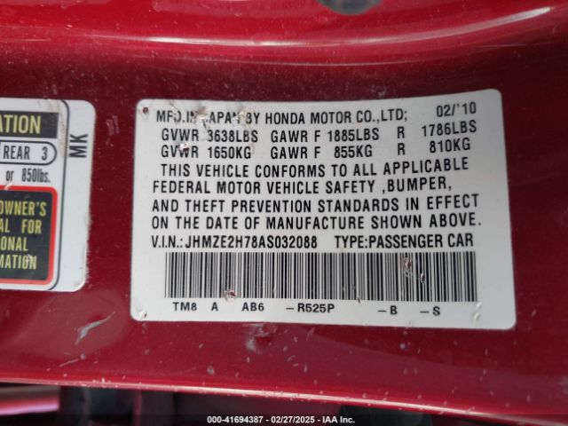 2010 HONDA INSIGHT JHMZE2H78AS032088 Photo 8