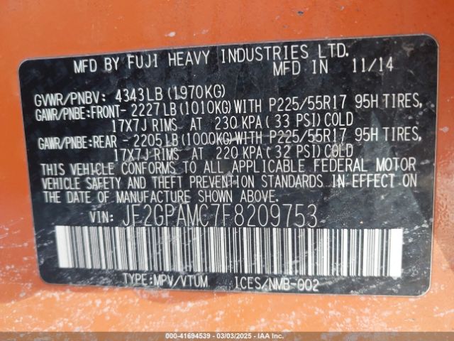JF2GPAMC7F8209753 Subaru Xv Crosstrek 2.0i Limited