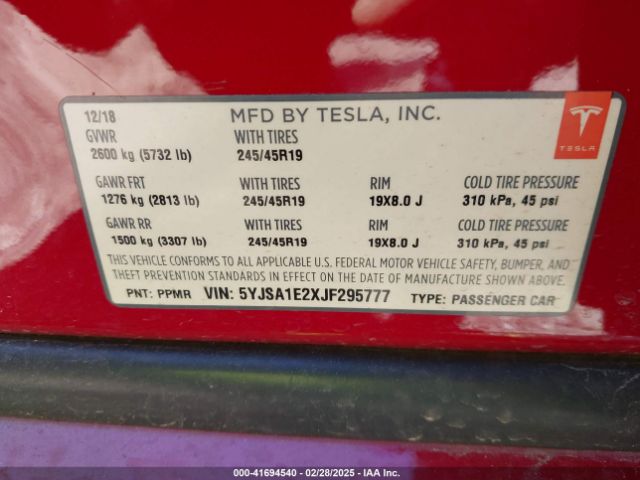 5YJSA1E2XJF295777 Tesla Model S 100d/75d/p100d