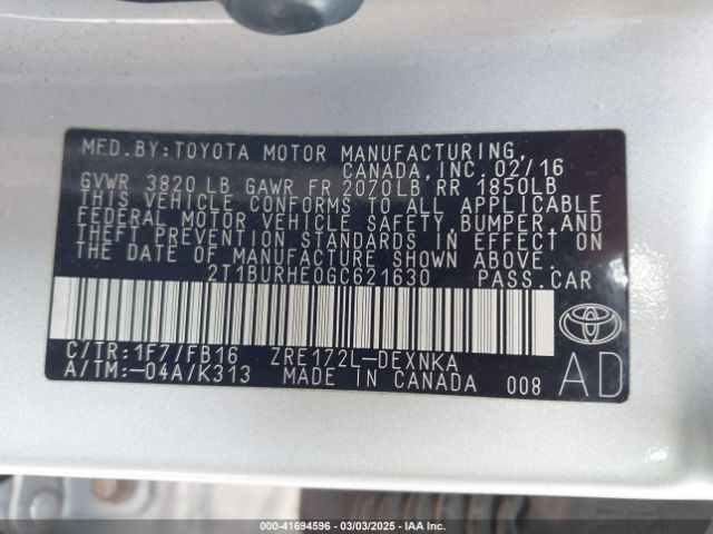2T1BURHE0GC621630 Toyota COROLLA LE