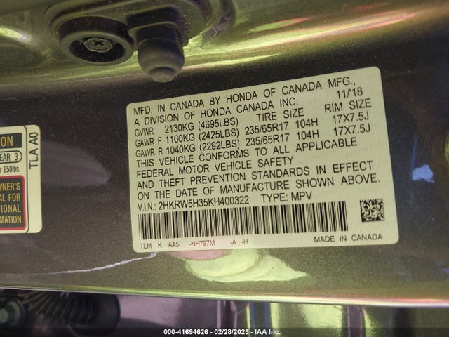 2HKRW5H35KH400322 Honda CR-V LX