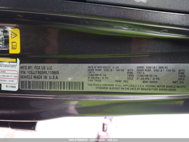 1C6JJTBG5RL110669 Jeep Gladiator Rubicon
