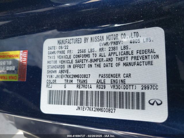 JN1EV7KK2NM600827 Infiniti Q60 Luxe
