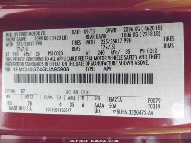 Ford ESCAPE SE 2016 1FMCU0G74GUA95908 Image 9