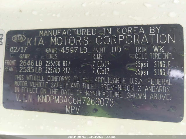 KNDPM3AC6H7266073 KIA Sportage Lx