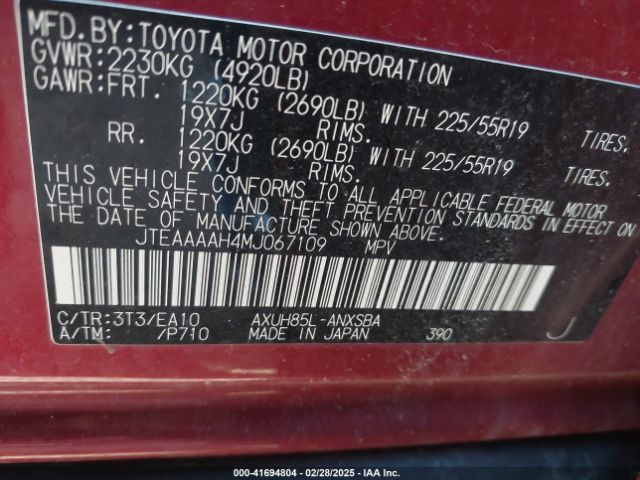 JTEAAAAH4MJ067109 Toyota Venza Limited