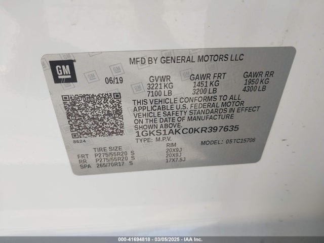 GMC l83 - spark ignited direct injection, variable valve timing, afm, e85 max, alum 2019 1GKS1AKC0KR397635 Image 9