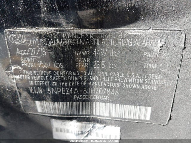 5NPE24AF8JH707846 Hyundai SONATA SE