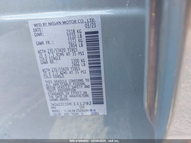 5N1AZ2CJ3PC131292 Nissan Murano Sl Fwd