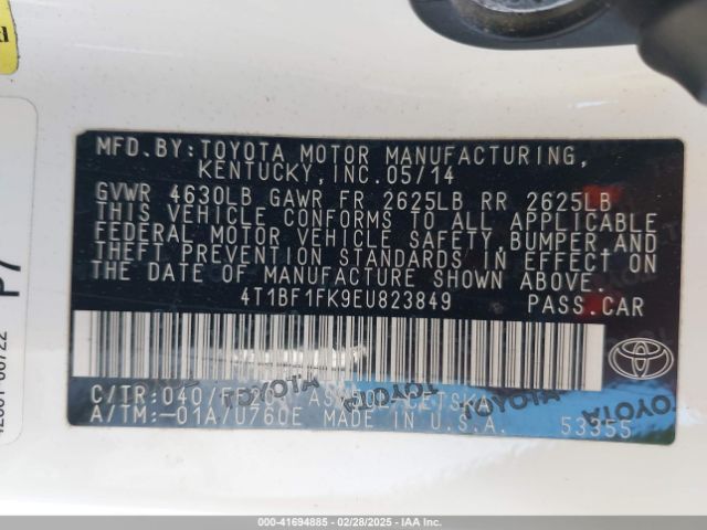 4T1BF1FK9EU823849 Toyota CAMRY SE