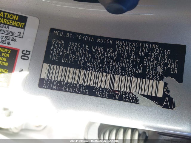 2T1BURHE1GC663952 Toyota COROLLA LE