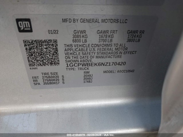 1GCPWBEK6NZ170420 Chevrolet SILVERADO 1500 LTD