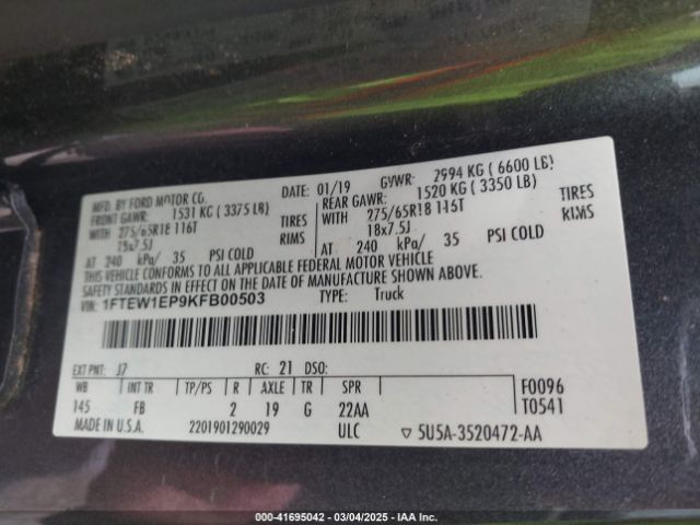 1FTEW1EP9KFB00503 Ford F-150 Xlt