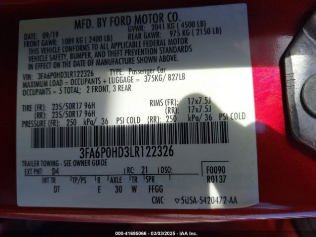 3FA6P0HD3LR122326 Ford FUSION SE