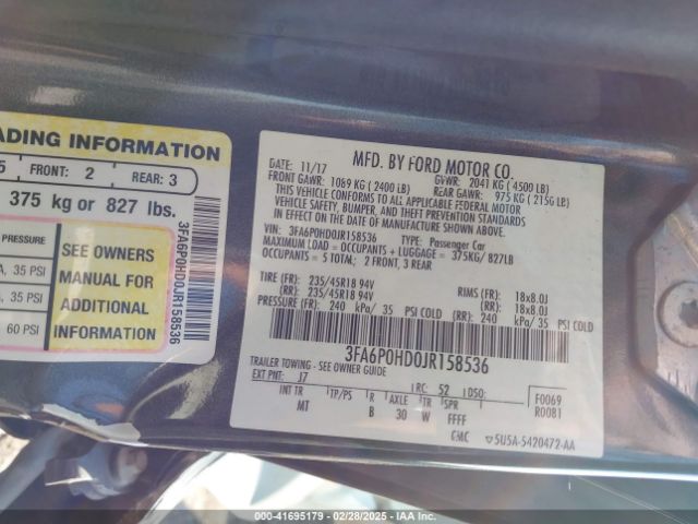 3FA6P0HD0JR158536 Ford FUSION SE