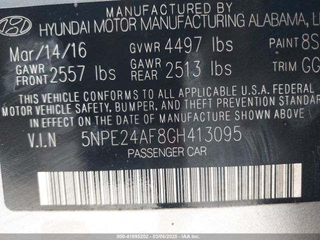 5NPE24AF8GH413095 Hyundai SONATA SE