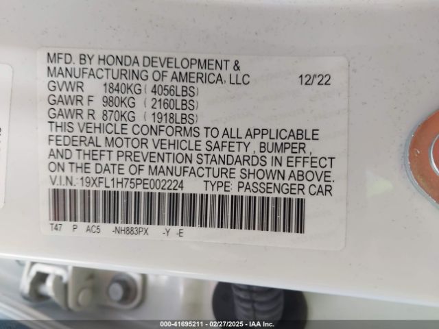 19XFL1H75PE002224 Honda Civic Ex-l /ex-l W/o Bsi