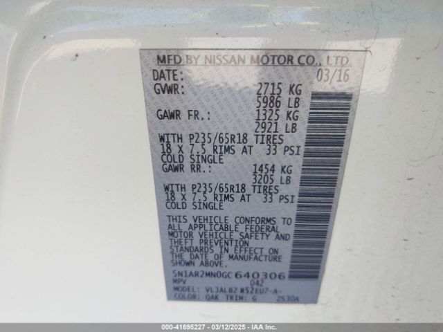 5N1AR2MN0GC640306 Nissan Pathfinder Platinum/s/sl/sv