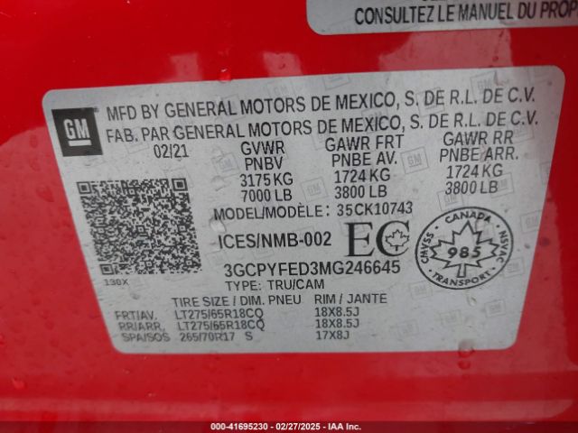 3GCPYFED3MG246645 Chevrolet Silverado 1500