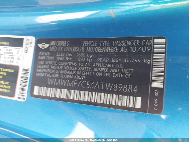 2010 MINI COOPER S WMWMF7C53ATW89884 Photo 8