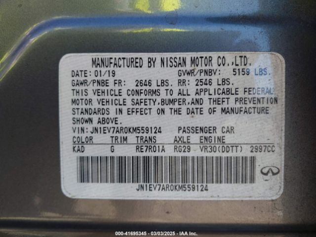 JN1EV7AR0KM559124 Infiniti Q50 3.0t Luxe