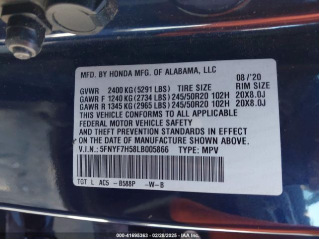 5FNYF7H58LB005866 Honda Passport 2wd Ex-l