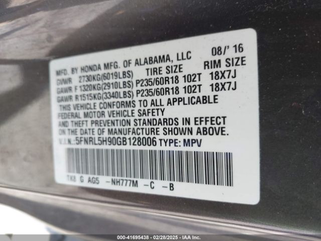 5FNRL5H90GB128006 Honda Odyssey Touring/touring Elite