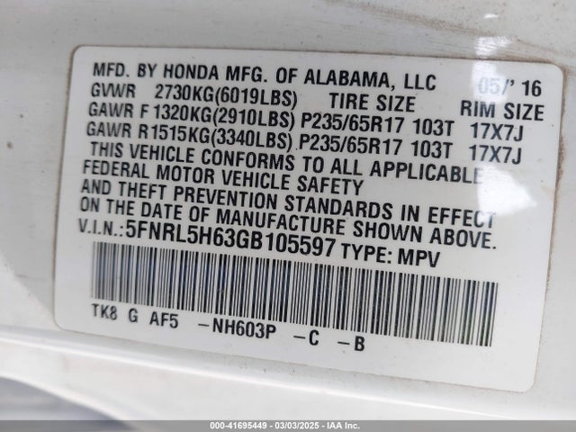 5FNRL5H63GB105597 Honda Odyssey Ex-l