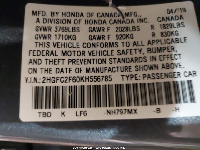 Honda Civic Lx 2019 2HGFC2F60KH556785 Image 9