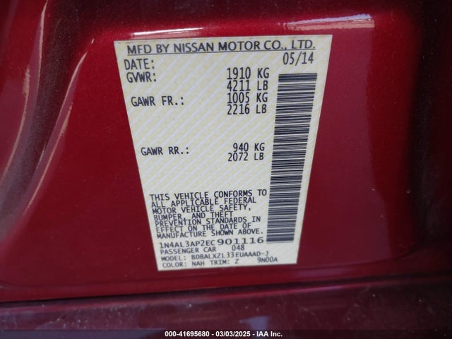 1N4AL3AP2EC901116 Nissan Altima 2.5 Sl