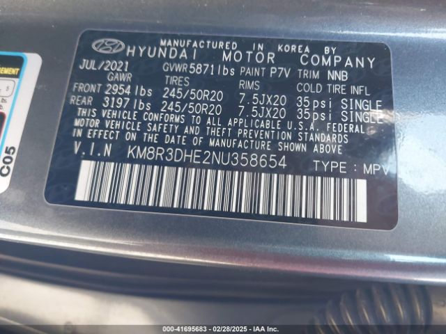 KM8R3DHE2NU358654 Hyundai Palisade Sel