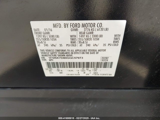 1FM5K7D80GGC57973 Ford EXPLORER XLT
