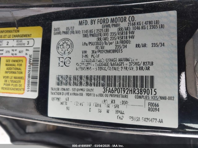 Ford FUSION SE 2017 3FA6P0T92HR389015 Image 9