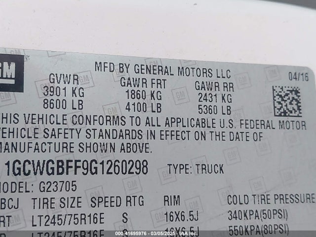 Chevrolet Express 2500 Work Van 2016 1GCWGBFF9G1260298 Image 9