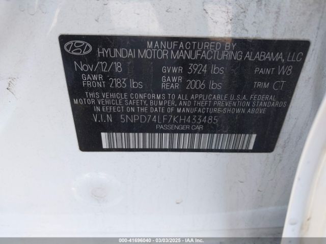 5NPD74LF7KH433485 Hyundai ELANTRA SE
