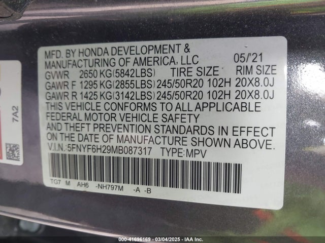 5FNYF6H29MB087317 Honda Pilot Awd Special Edition