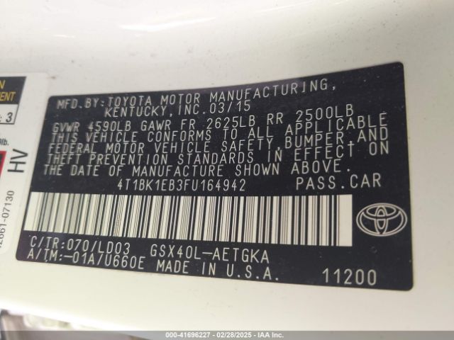 4T1BK1EB3FU164942 Toyota AVALON XLE